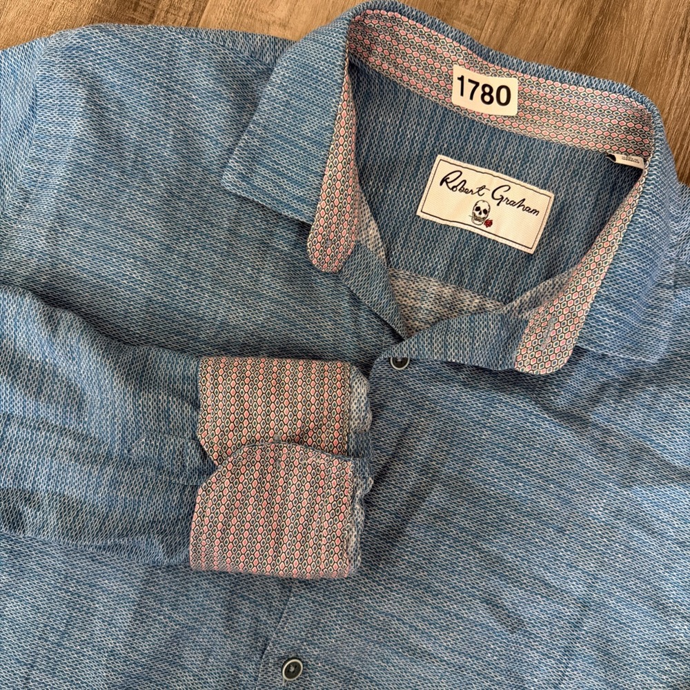 Robert Graham Linen Blend Blue Button Up Flip Cuff Shirt Mens Long Sleeve Large